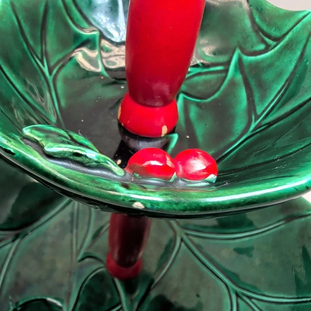 Vintage Lefton 5189 Christmas Holly Leaf 2 Tier Tidbit Tray Green Red Berries